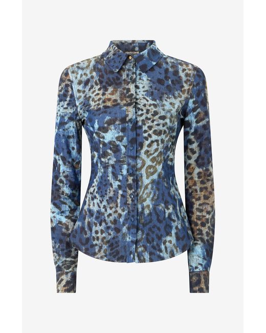 Roberto Cavalli Blue Cotton Shirt With Jaguar Skin Print