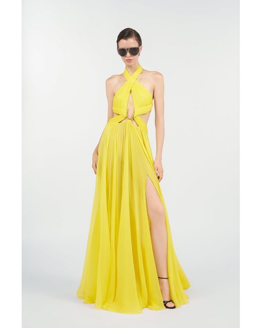 Roberto Cavalli Yellow Silk Maxi Dress With Cut-Outs