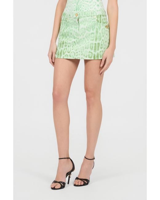 Roberto Cavalli Green Jaguar Mint Print Denim Mini Skirt