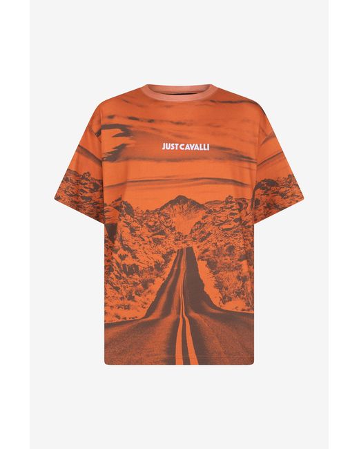 Roberto Cavalli Orange Long Way Print T-Shirt for men