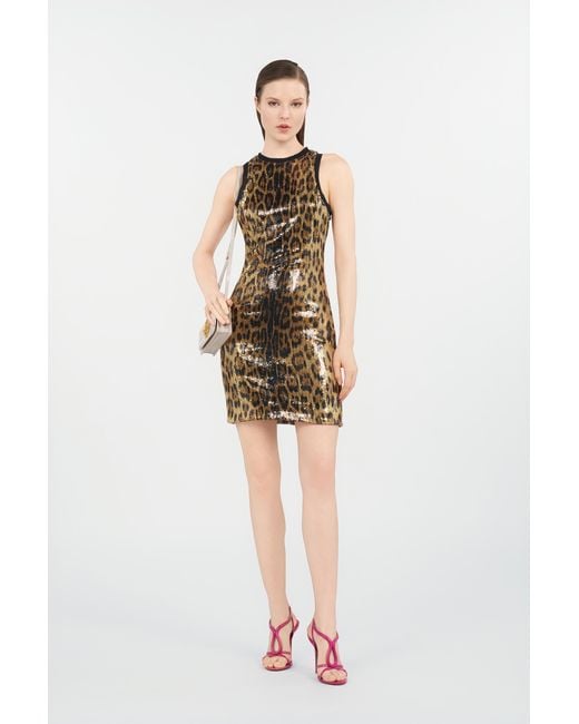 Roberto Cavalli Natural Sequin Mini Dress With Animal Print