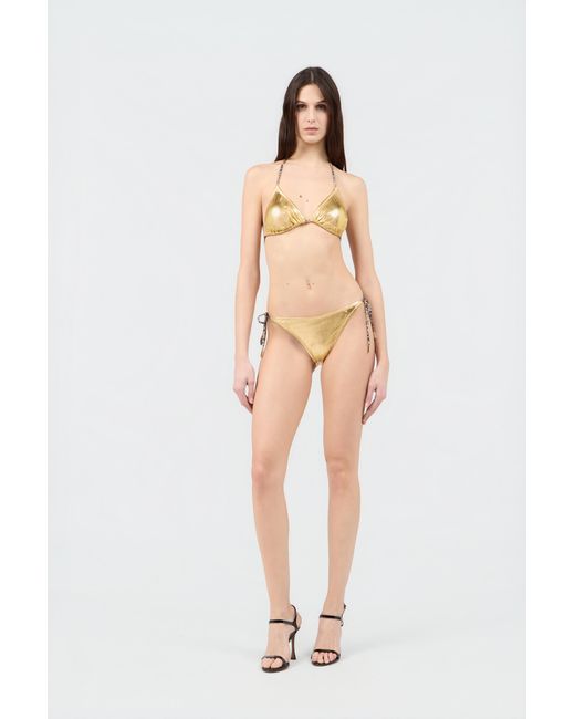 Roberto Cavalli Metallic Laminated Bikini With Leopard Print Ties
