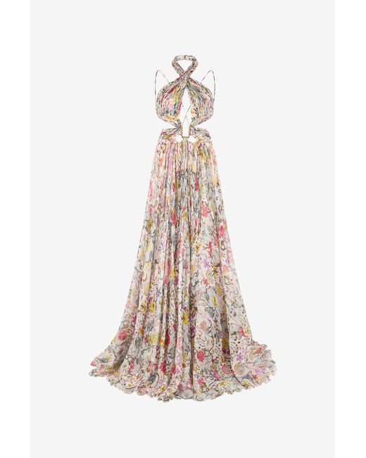 Roberto Cavalli Natural Long Chiffon Dress With Florentine Flowers Print