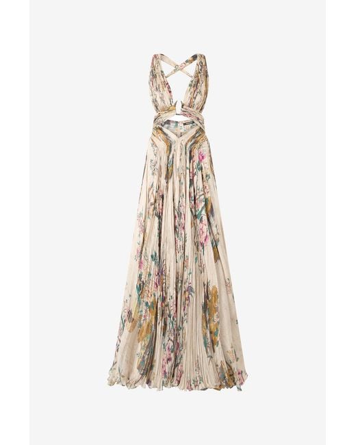 Roberto Cavalli Natural Extra-Long Silk Dress With Oriental Bird Print