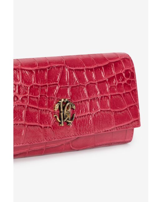 Roberto Cavalli Red Crocodile-Effect Flap Wallet