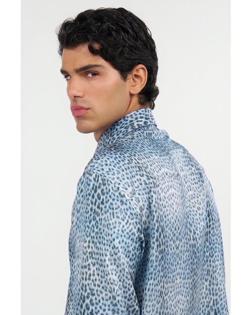 Roberto Cavalli Blue Silk Shirt With Baby Jaguar Print for men