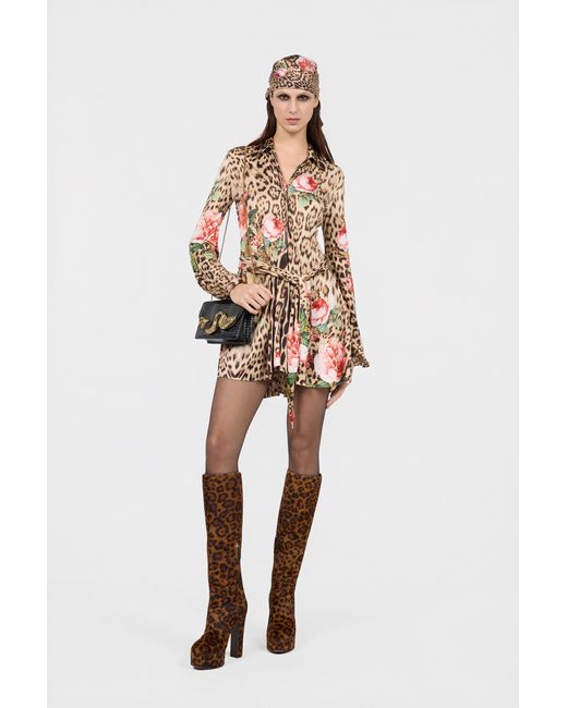 Roberto Cavalli White Mini Dress Jaguar Roses Print