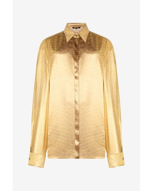 Roberto Cavalli Metallic Golden Silk Shirt With Serpentine Print