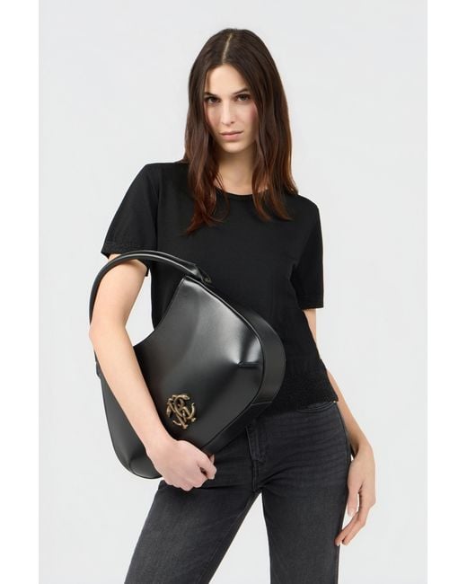 Roberto Cavalli Black Leather Top Handle Bag With Monogram Rc