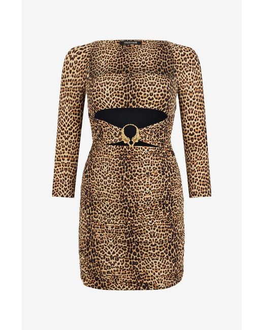 Roberto Cavalli Natural Mini Dress With Baby Jaguar Print And Cut-Out Detail