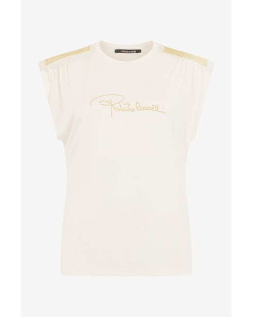 Roberto Cavalli White Ivory T-Shirt With Logo And Embellishments