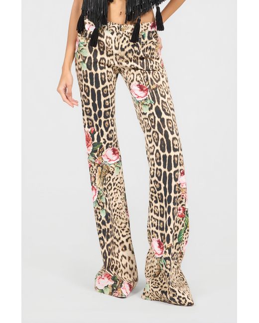 Roberto Cavalli Natural Jaguar Roses Print Flared Jeans