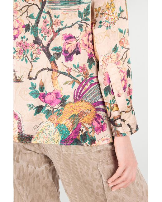 Roberto Cavalli White Silk Shirt With Floral And Pheasant Print