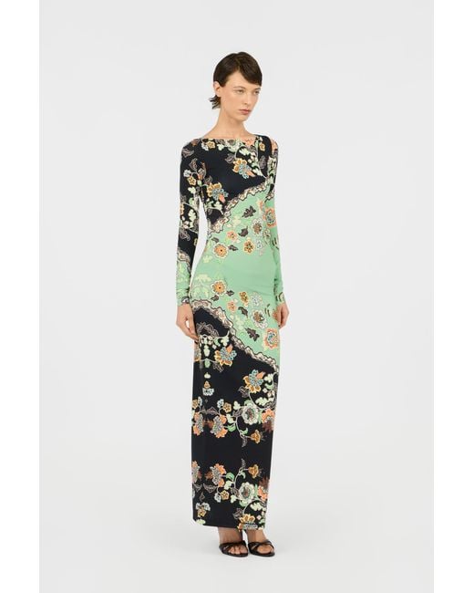 Roberto Cavalli Green Kimono Print Maxi Dress