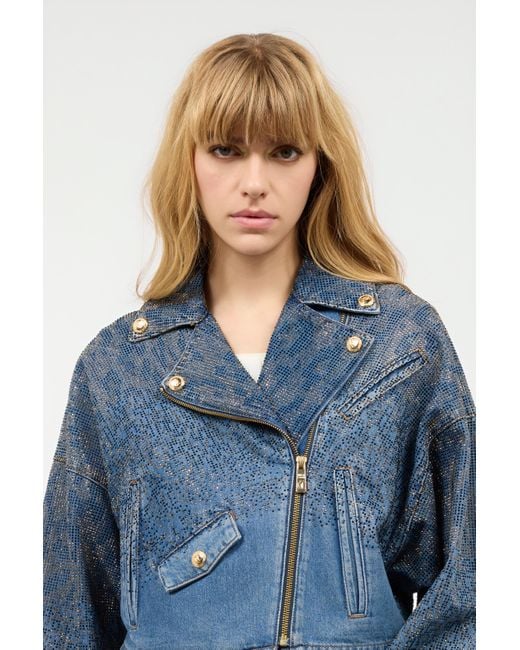 Roberto Cavalli Blue Cropped Denim Jacket With Rhinestones