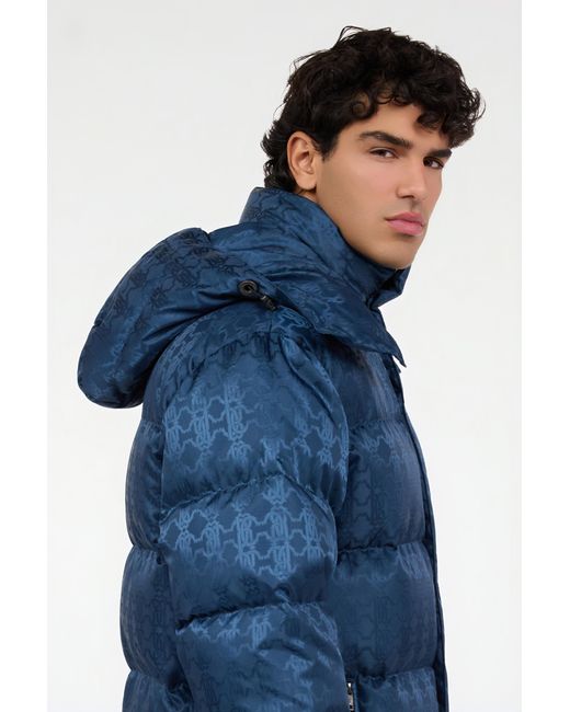 Roberto Cavalli Blue Down Jacket With Rc Monogram All Over for men