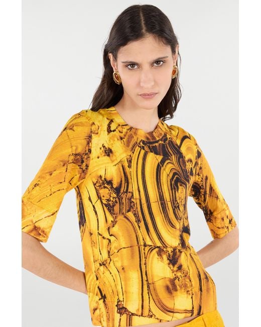 Roberto Cavalli Yellow Silk And Wool Sweater With Tigereye Print