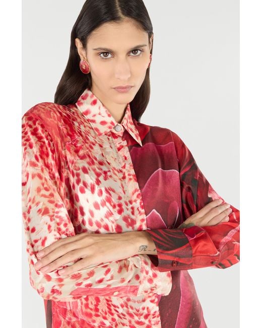 Roberto Cavalli Red Shirt With Jaguar Skin And Rose Print