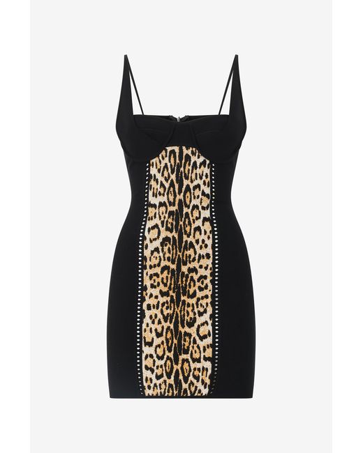 Roberto Cavalli Black Mini Dress With Jaguar Skin Pattern