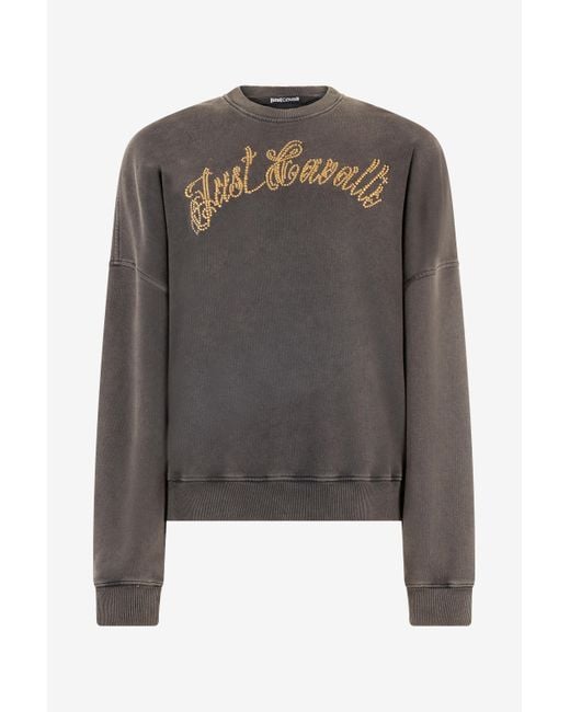 Roberto Cavalli Gray Sweatshirt With Bejeweled Logo Studs