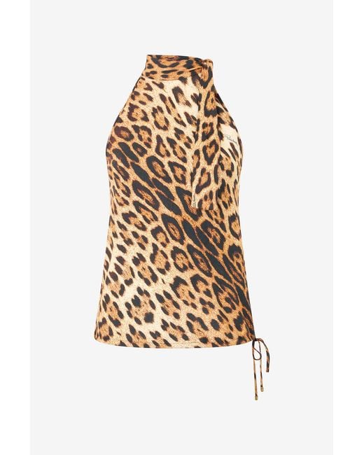 Roberto Cavalli Brown Halterneck Top With Jaguar Skin Print