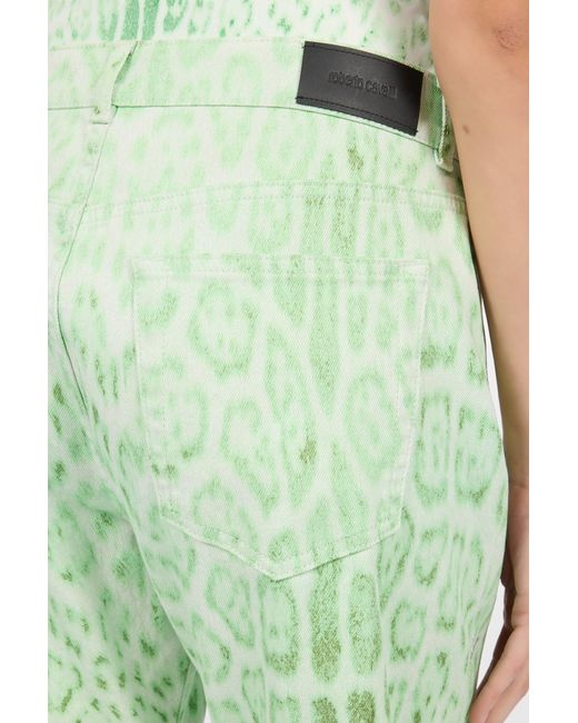 Roberto Cavalli Green Cotton Denim With Jaguar Mint Print