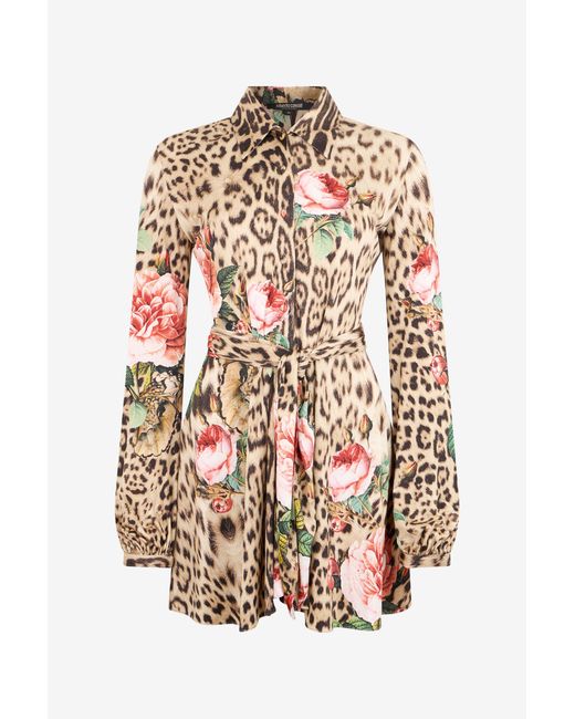 Roberto Cavalli White Mini Dress Jaguar Roses Print