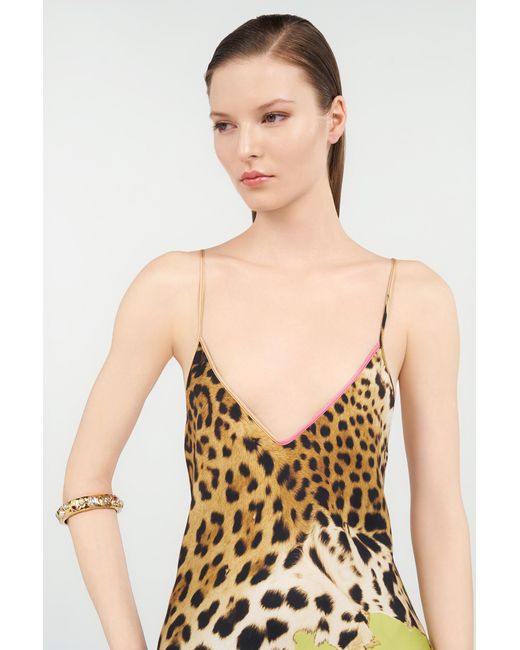 Roberto Cavalli White Long Silk Dress With Cavalli Pop Print