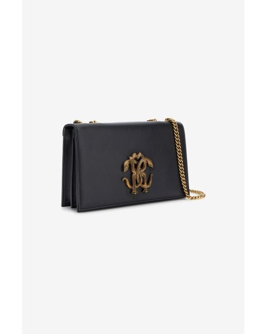 Roberto Cavalli Black Shoulder Bag With Monogram Mirror Snake