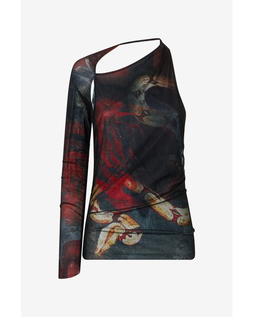 Roberto Cavalli Black One-Sleeve Sweater With Rose And Snake