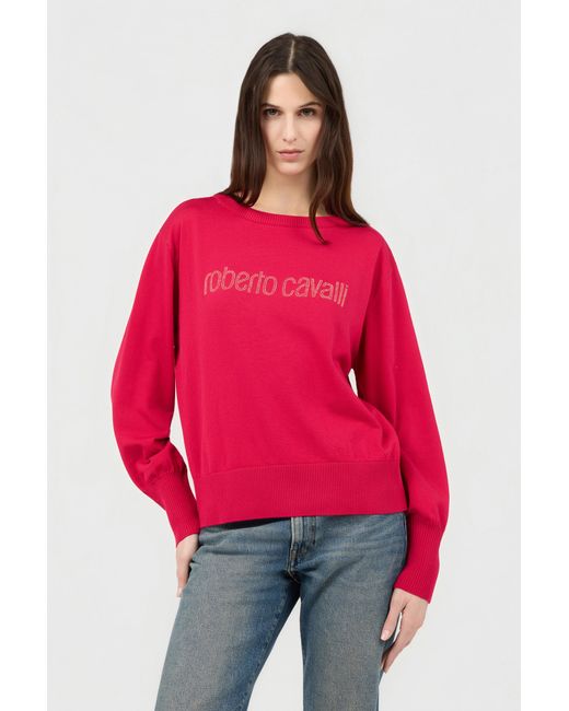 Roberto Cavalli Red Fuchsia Sweater With Crystal Logo