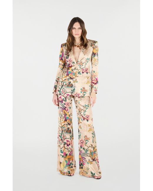 Roberto Cavalli White Palazzo Pants With Oriental Bird Print