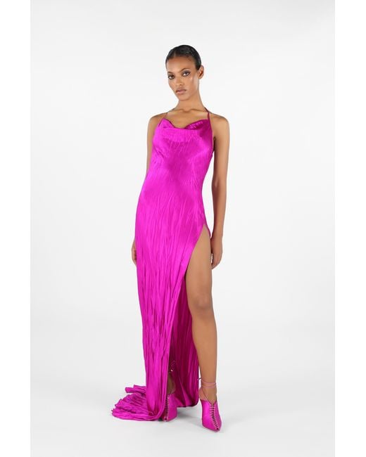 Roberto Cavalli Purple Crinkled Silk Long Dress