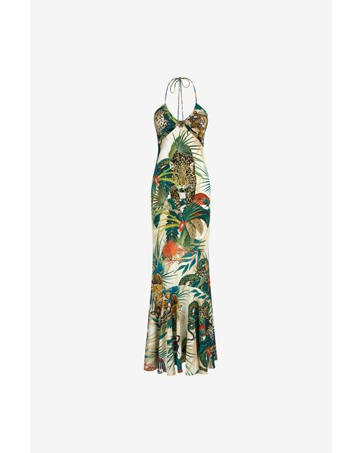 Roberto Cavalli Green Jungle Print Maxi Dress Halter Neck