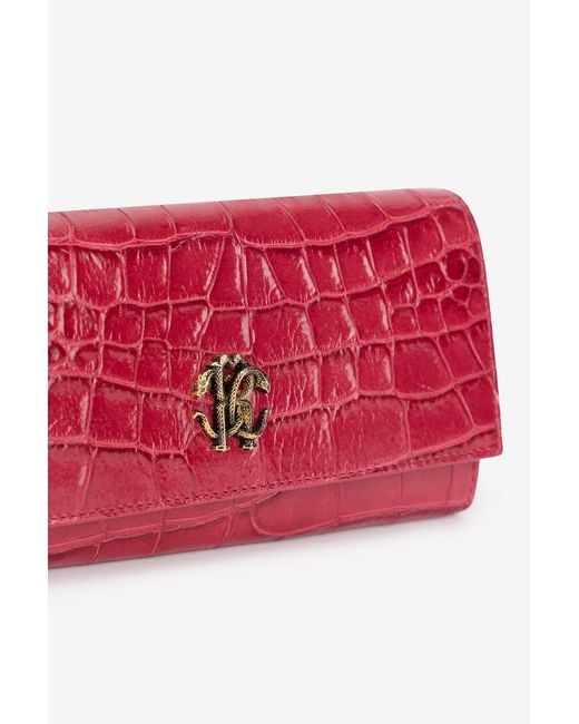 Roberto Cavalli Red Crocodile-Effect Flap Wallet