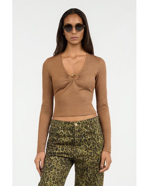 Roberto Cavalli Brown Bronze Lurex Crop Top With Ring Detail