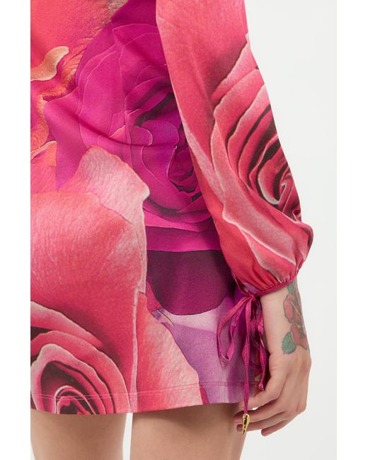 Roberto Cavalli Pink Mini Dress With Garden Rose Print