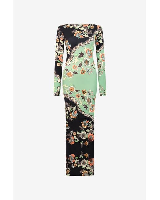 Roberto Cavalli Green Kimono Print Maxi Dress