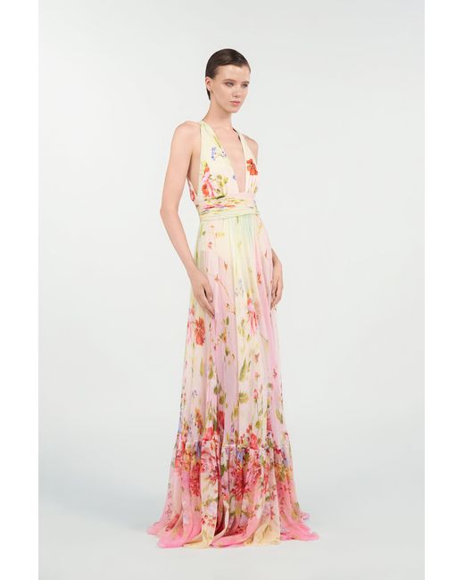 Roberto Cavalli White Long Chiffon Dress With Miami Flowers Print