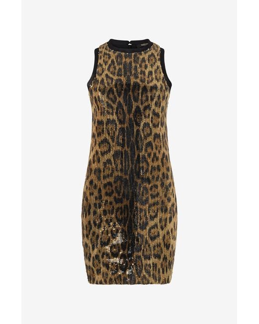 Roberto Cavalli Natural Sequin Mini Dress With Animal Print