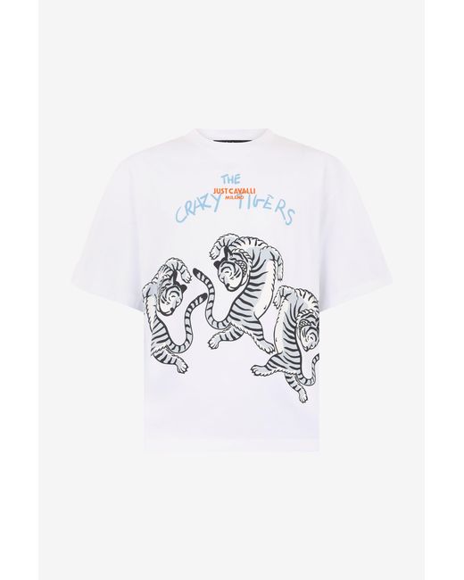 Roberto Cavalli White T-Shirt With Printed Tigers for men