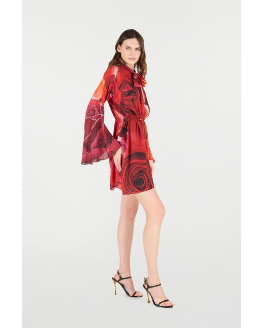 Roberto Cavalli Red Rose-Print Mini Dress With Pussy-Bow