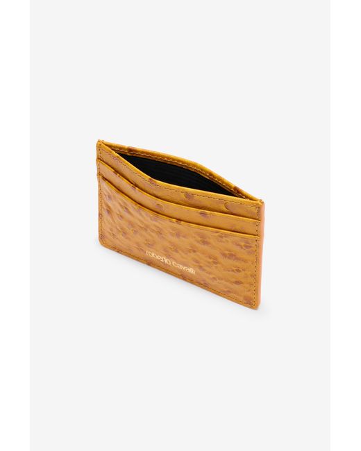 Roberto Cavalli Orange Ostrich-Effect Flat Card Holder