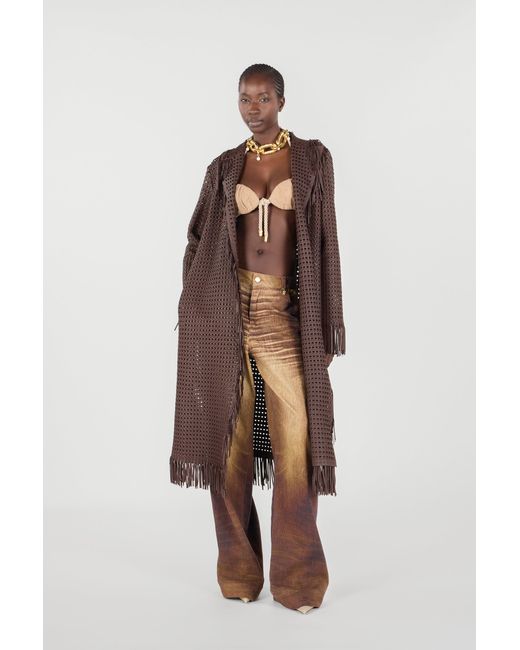 Roberto Cavalli Brown Woven Leather Coat With Fringes