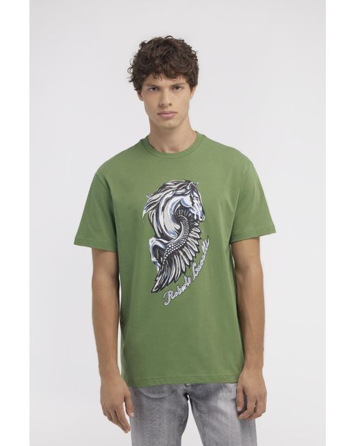 Roberto Cavalli T-Shirt With Horse Logo And Print in Green für Herren