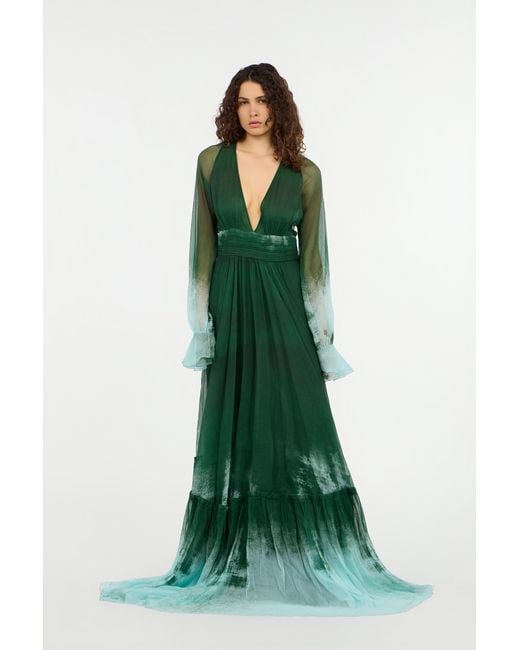 Roberto Cavalli Green Long Empire-Style Pure Silk Dress