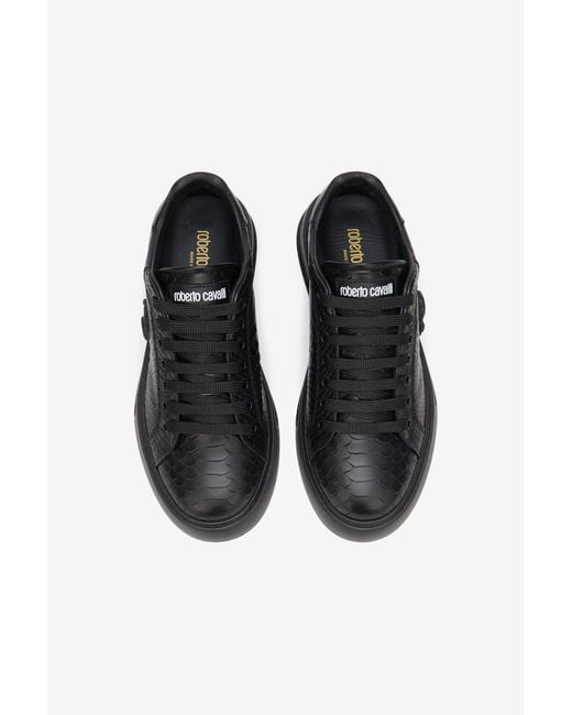 Roberto Cavalli Black Snake-Embossed Sneaker With Monogram Rc