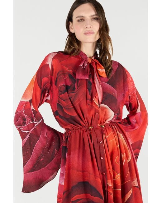 Roberto Cavalli Red Rose-Print Mini Dress With Pussy-Bow