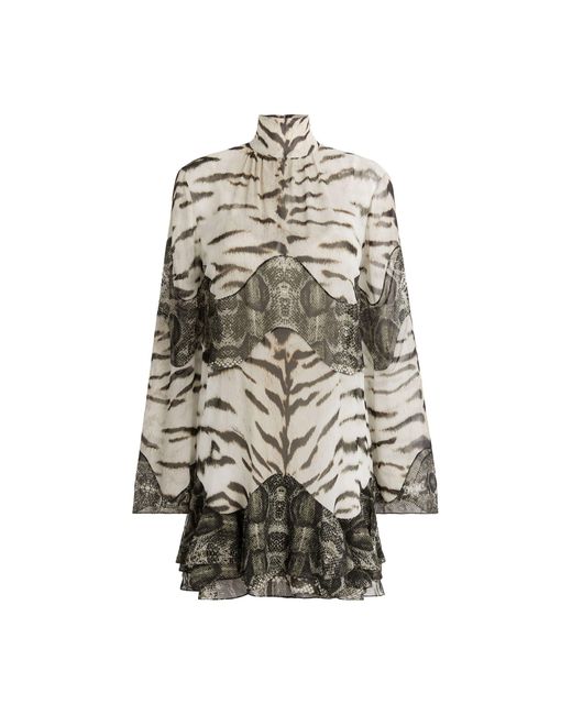 Roberto Cavalli White Mixed-Printsilk Mini Dress