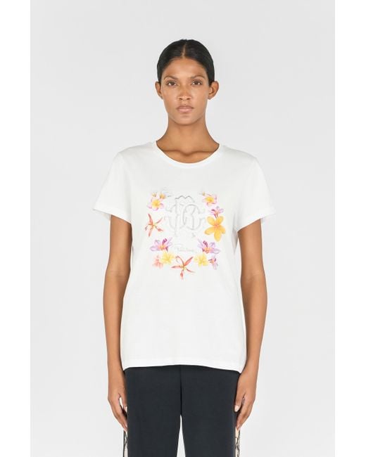 T-Shirt Avec Fleurs Et Monogramme Rc Roberto Cavalli en coloris White